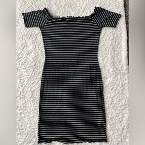 Ambiance Black and White Striped Off the Shoulder Mini Dress